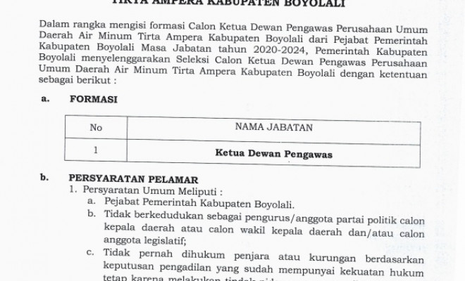 SELEKSI CALON KETUA DEWAN PENGAWAS PERUSAHAAN UMUM DAERAH AIR MINUM TIRTA AMPERA KABUPATEN BOYOLALI